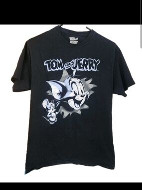 Tom and Jerry Graphic Print T-Shirt Black Cotton Crew Neck Men's Size M